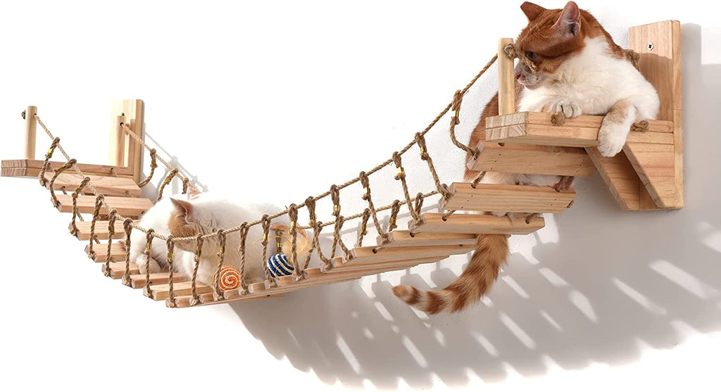 Cat Wall Shelves Cat Bridge with 2 Fixed Brackets & Cat Toys, Wood Cat Beds & Furniture Cat Perch Floating Hammock Cat Cloud Shelf Board Cat Condo Tree Cat Climber