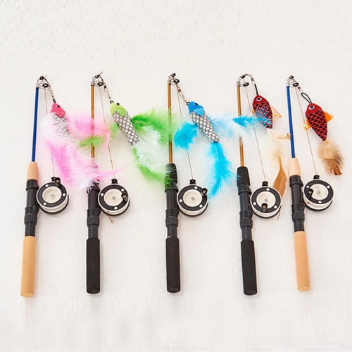 Cat Fishing Pole Toy, Retractable Wand Cat Toy with Reel, Cat Fishing Rod & Feather Toy, Interactive Cat Teaser Wand Toy for Indoor Cats Random Color 1PC