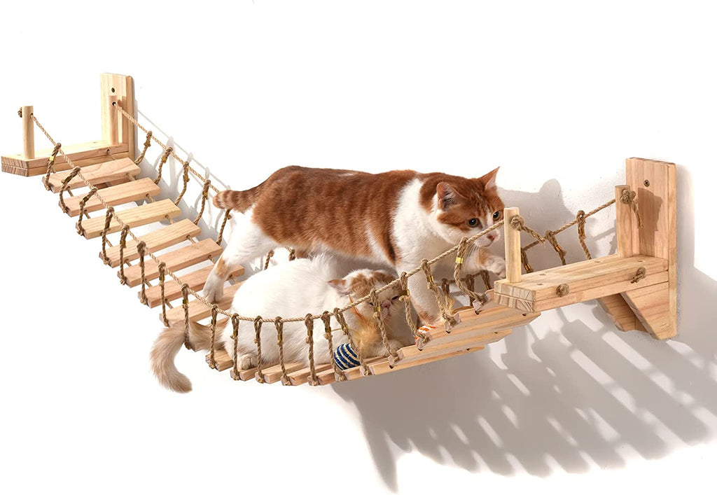 Cat Wall Shelves Cat Bridge with 2 Fixed Brackets & Cat Toys, Wood Cat Beds & Furniture Cat Perch Floating Hammock Cat Cloud Shelf Board Cat Condo Tree Cat Climber